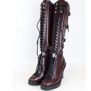 New Valentino Garavani RUNWAY Soul Rockstud Cutout Boots, BURGUNDY, EU 37